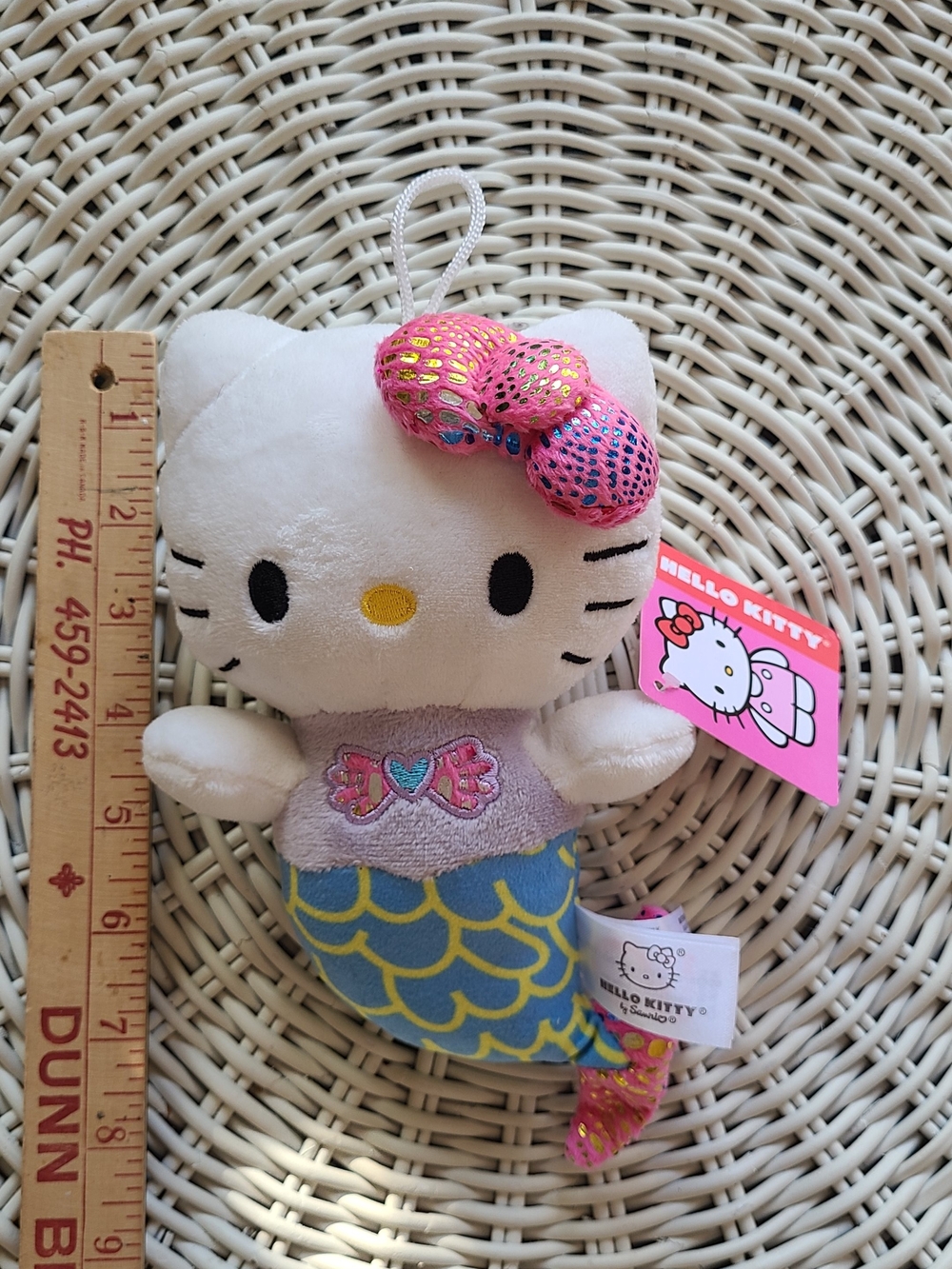 Hello Kitty White Plush Mermaid with Pink Sequin Bow and Blue-Yellow Tail